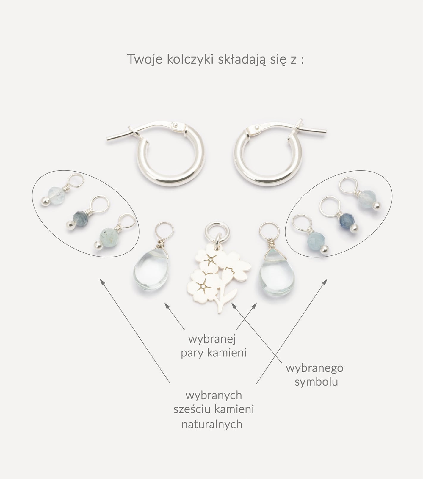 Srebrne kolczyki koła z zawieszkami i kamieniami